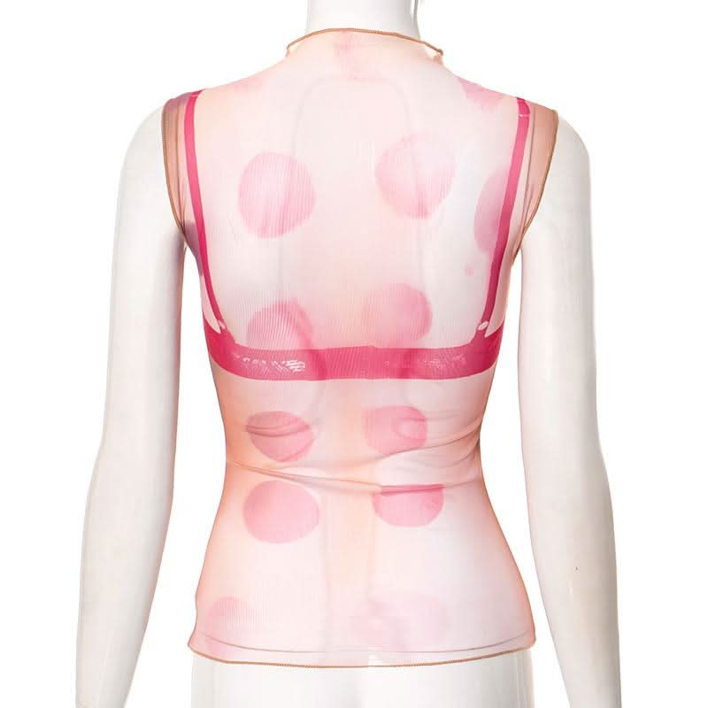 Crewneck sheer mesh print sleeveless contrast top