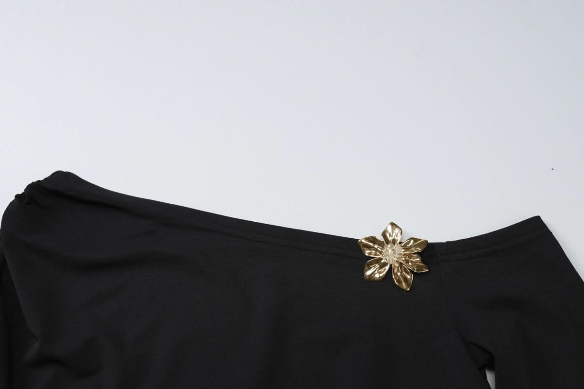 One shoulder long sleeve flower applique maxi skirt set