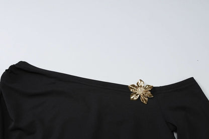 One shoulder long sleeve flower applique maxi skirt set