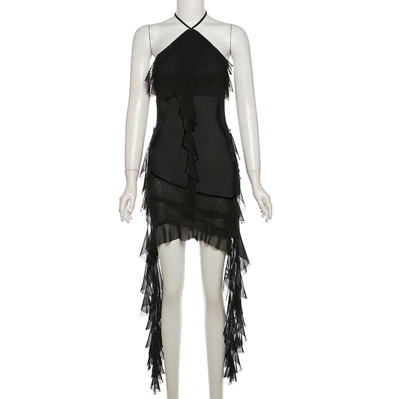Halter sheer mesh ruffle backless mini dress