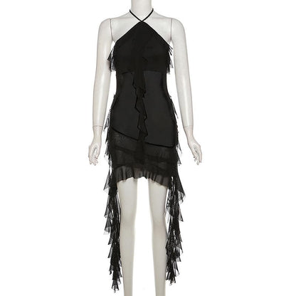 Halter sheer mesh ruffle backless mini dress