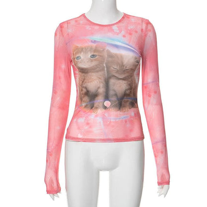 Long sleeve cat print crew neck top