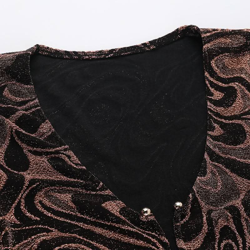 Long sleeve v neck hollow out ripple print cut out mini dress