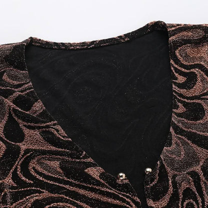Long sleeve v neck hollow out ripple print cut out mini dress