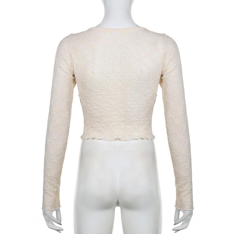 Long sleeve drawstring ruched lace ruffle top