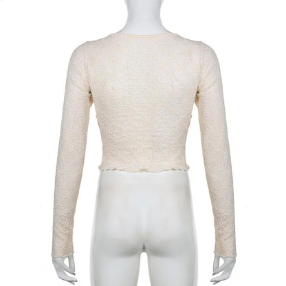 Long sleeve drawstring ruched lace ruffle top