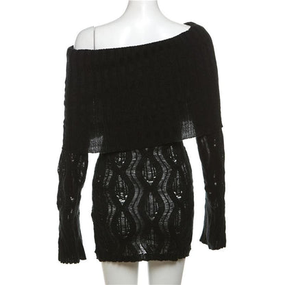 Crochet off shoulder long sleeve hollow out cut out mini dress