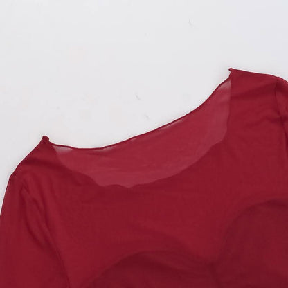 Long sleeve mesh ruched solid top