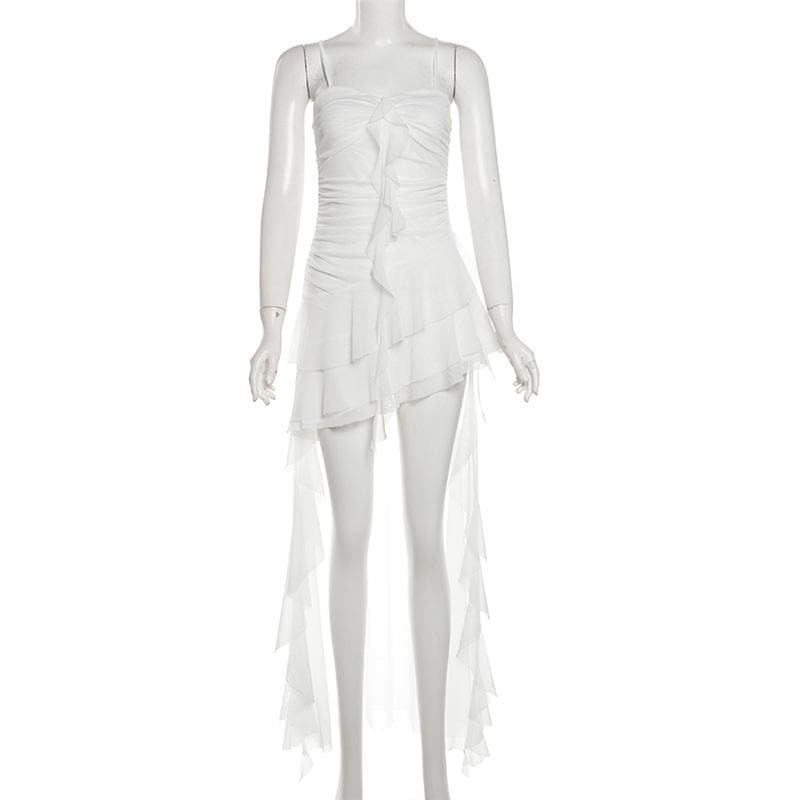 Ruched mesh ruffle sweetheart neck cami maxi dress