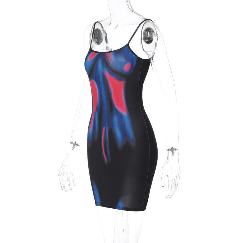 Abstract Thermal Print Scoop Neck Contrast Trim Spaghetti Strap Bodycon Mini Dress