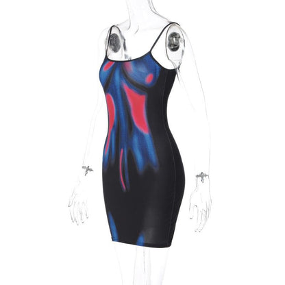 Abstract Thermal Print Scoop Neck Contrast Trim Spaghetti Strap Bodycon Mini Dress