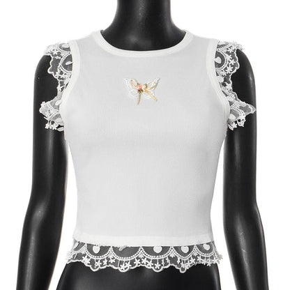 Lace hem ribbed butterfly applique top