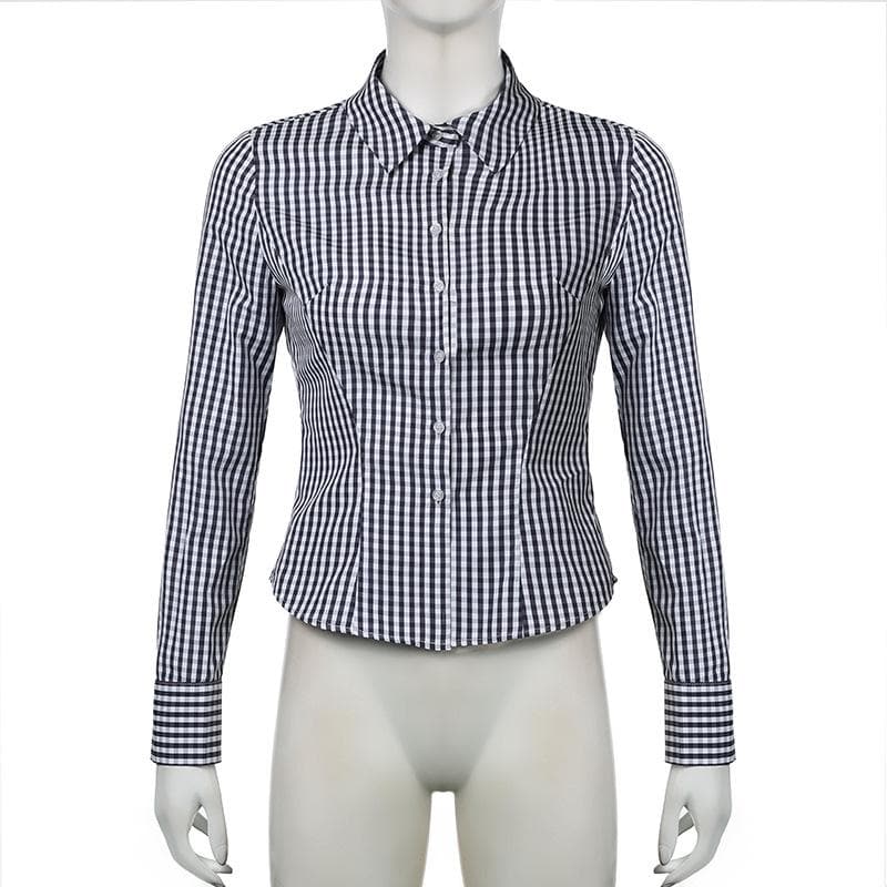 Turnover collar long sleeve button plaid top