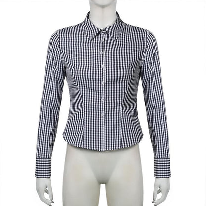Turnover collar long sleeve button plaid top