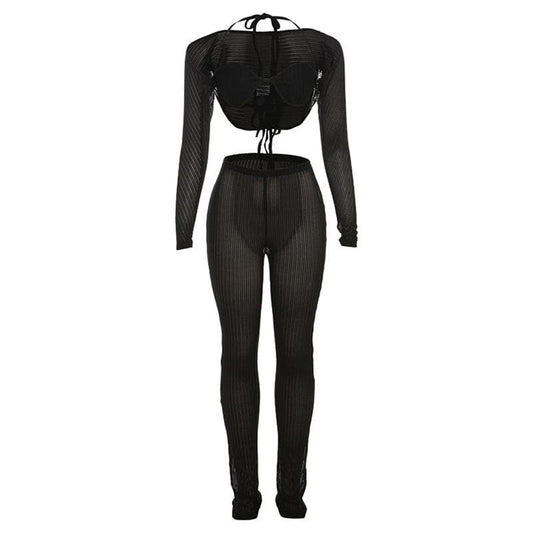 Halter shrug textured see through pant set