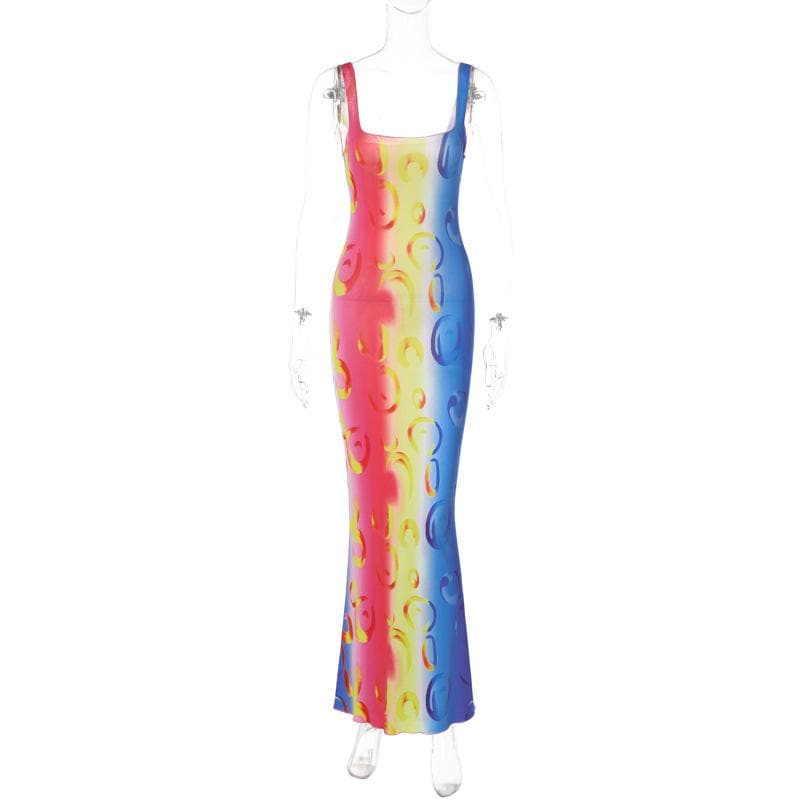 Abstract Bubble Ring Print Scoop Neck Bodycon Midi Dress