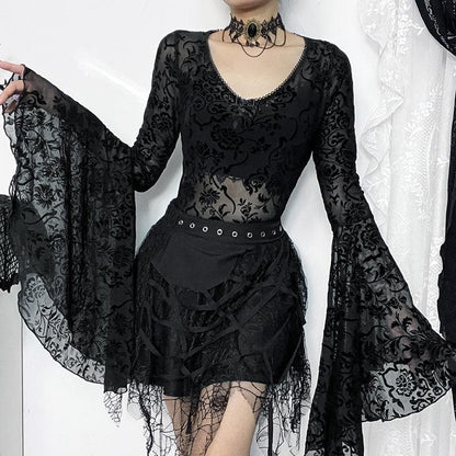 Long flared sleeve ruffle bowknot mesh see through bodysuit