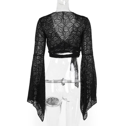 Flared sleeve v neck lace knotted top