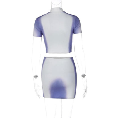 Short sleeve high neck contrast body print mini skirt set-final-sale