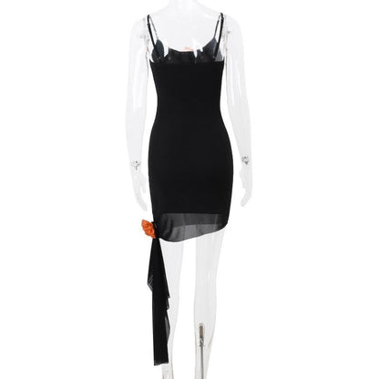 U neck flower applique lace up ruffle cami mini dress