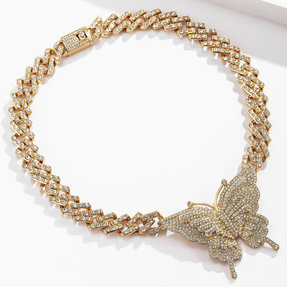 Butterfly pendant rhinestone cuban necklace