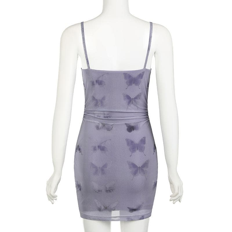 Butterfly print cowl neck ruched mesh cami mini dress