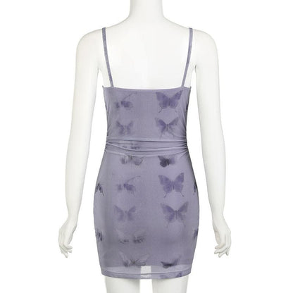 Butterfly print cowl neck ruched mesh cami mini dress