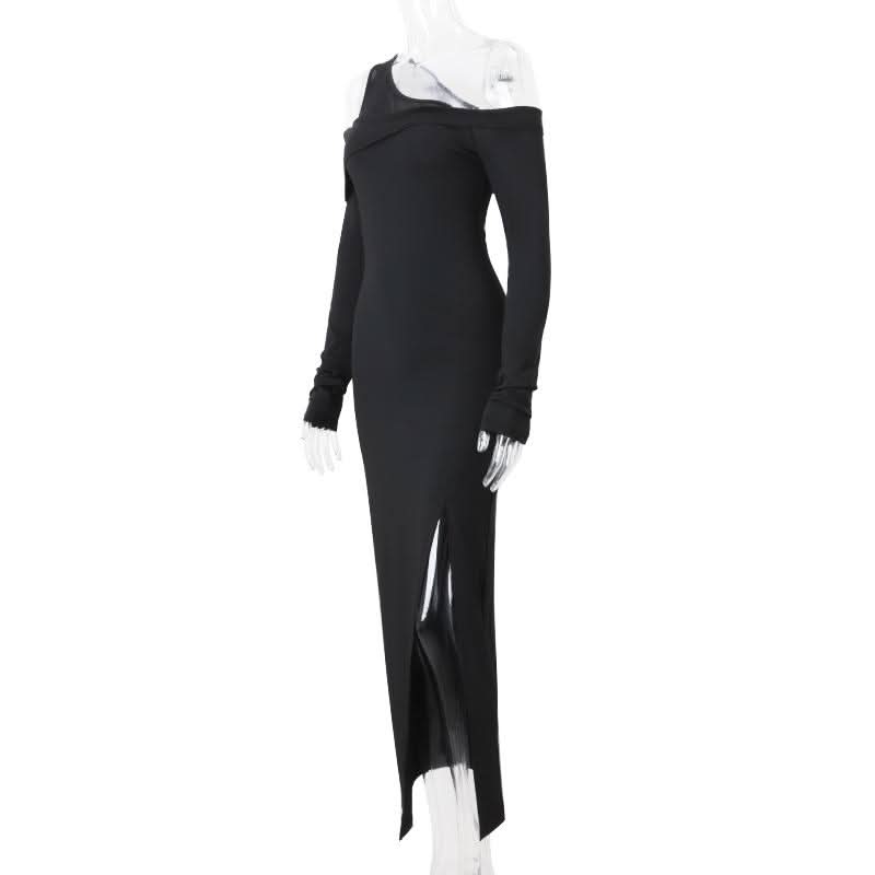 Off shoulder long sleeve slit solid maxi dress