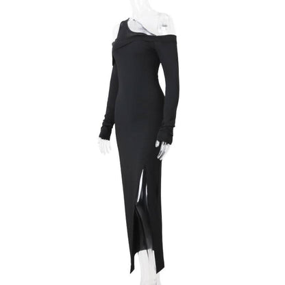 Off shoulder long sleeve slit solid maxi dress