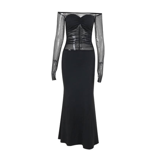 Off shoulder long sleeve mesh patchwork ruched maxi dress