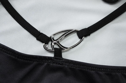 Halter self tie u neck body print o ring maxi dress