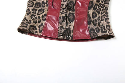 Leopard print lace up PU leather patchwork tube top