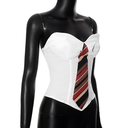 Necktie pattern contrast sweetheart neck lace up tube crop top