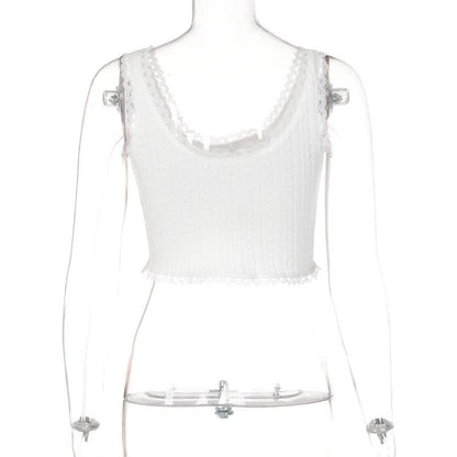 Textured lace hem solid u neck sleeveless crop top