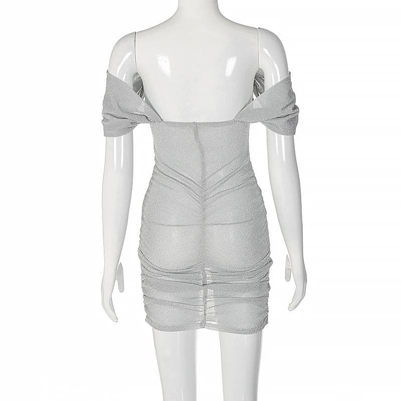 Off Shoulder Corset Sparkle Ruched Puff Sleeve Bodycon Mini Dress