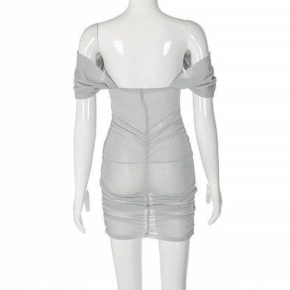 Off Shoulder Corset Sparkle Ruched Puff Sleeve Bodycon Mini Dress