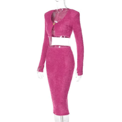 Textured button long sleeve gloves midi skirt set-final-sale