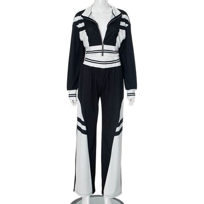 Turnover collar zip-up contrast sports pants set