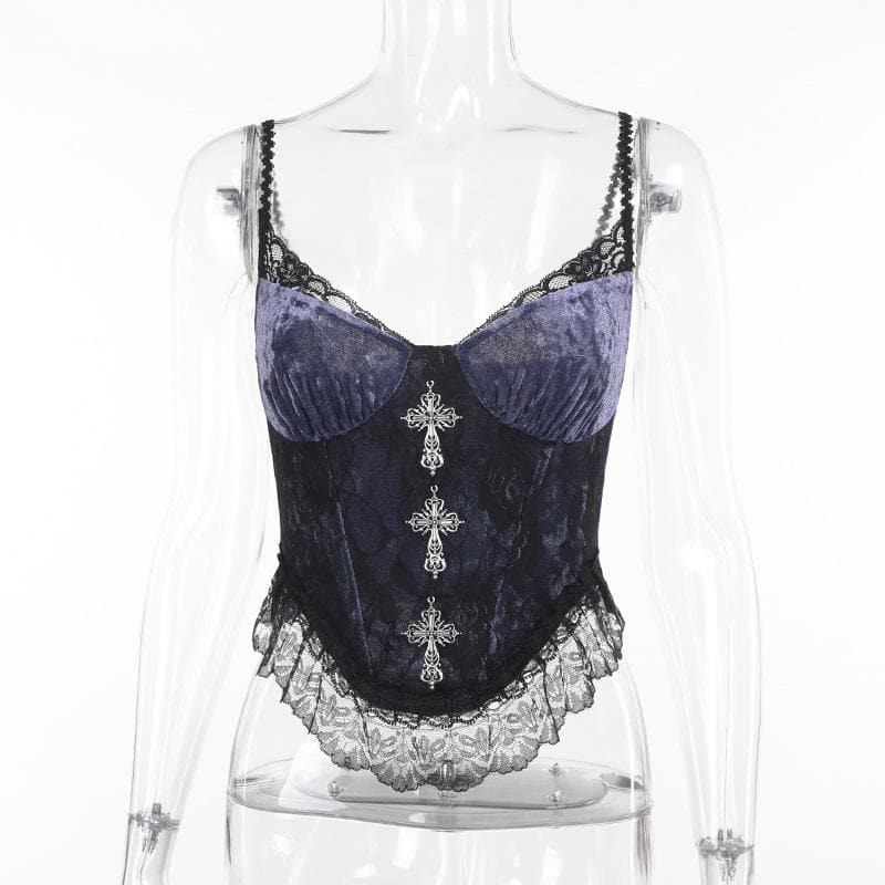 Metal cross lace velvet patchwork cami top