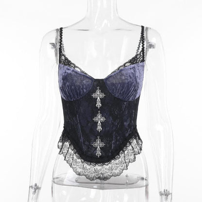Metal cross lace velvet patchwork cami top