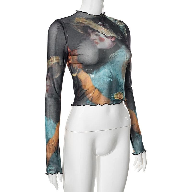 Long sleeve print sheer mesh ruffle crop top