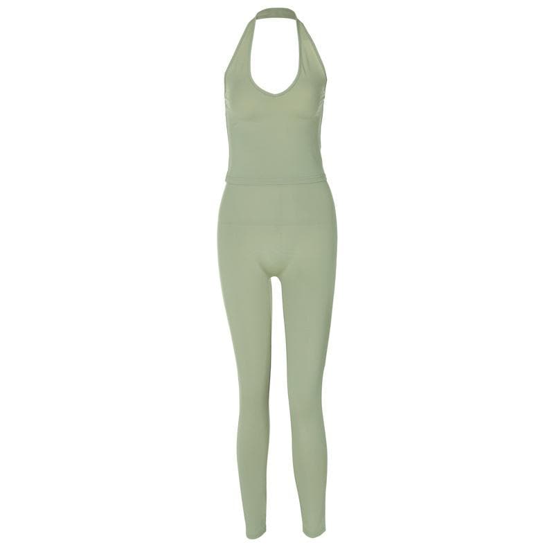 Halter u neck solid backless pant set