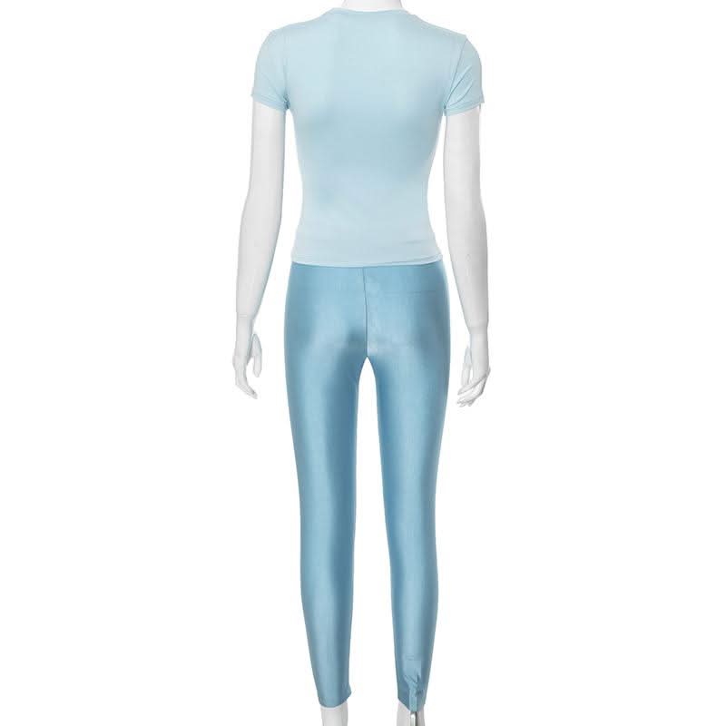 Short sleeve crewneck high rise solid pant set