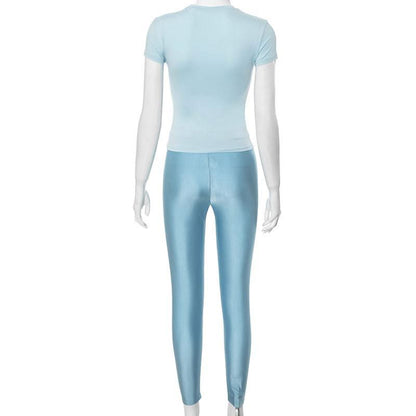 Short sleeve crewneck high rise solid pant set