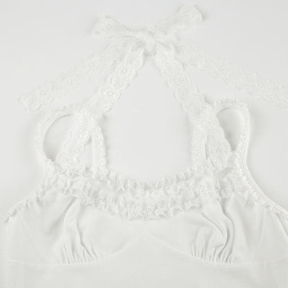 Halter lace hem ruched self tie cami top