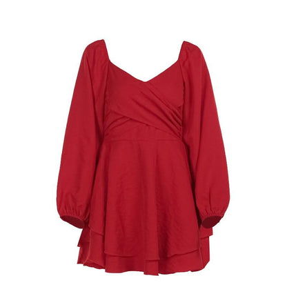 V neck long sleeve ruched solid mini dress