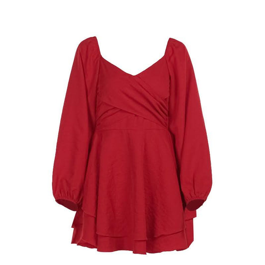 V neck long sleeve ruched solid mini dress