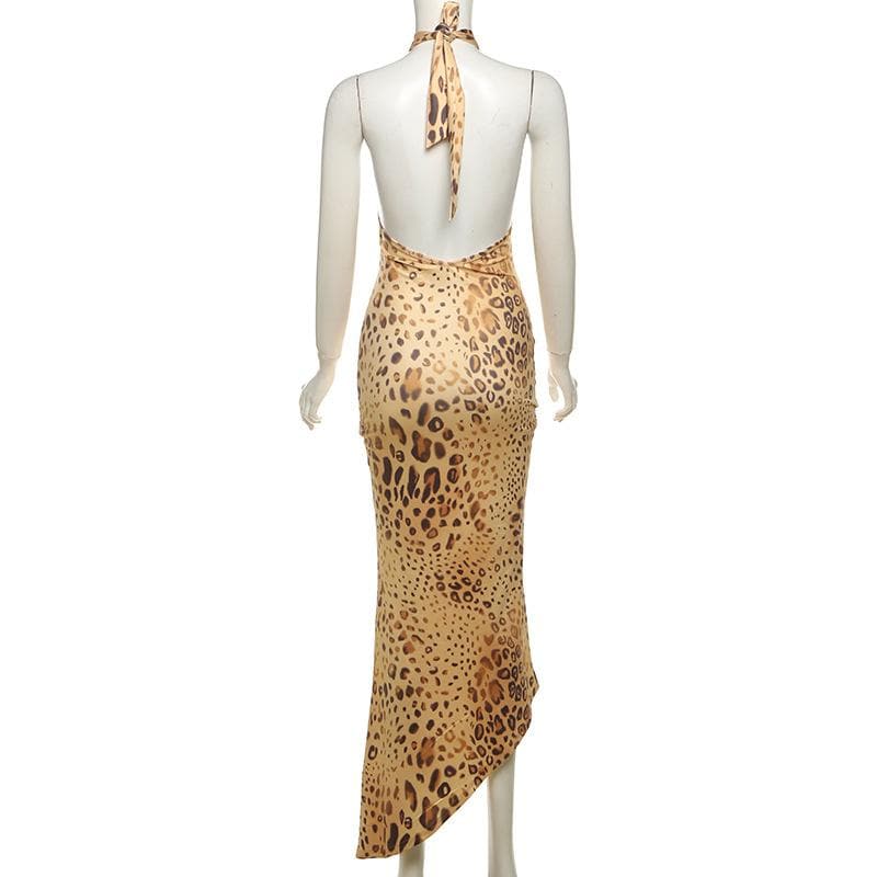 Leopard print halter self tie irregular backless maxi dress