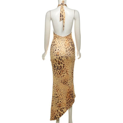 Leopard print halter self tie irregular backless maxi dress