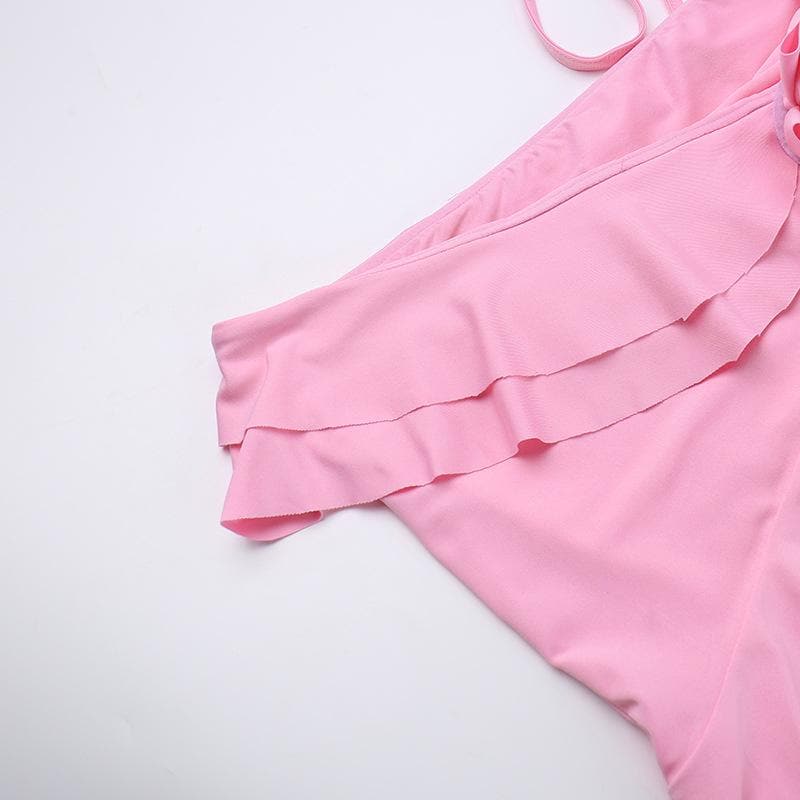 Halter flower applique ruffle irregular crop top